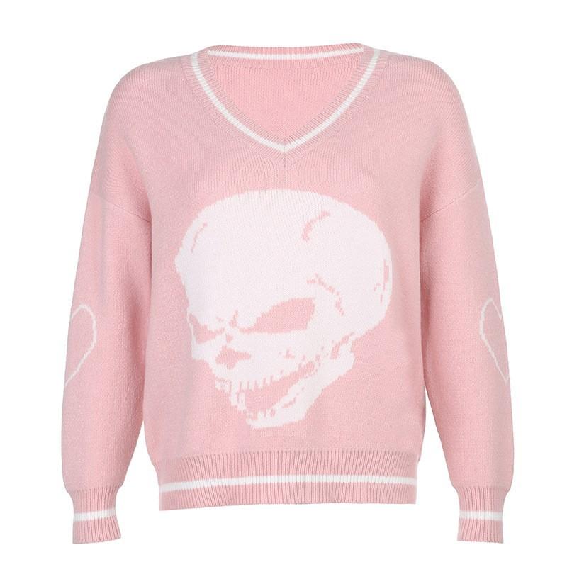 Women's Sweaters Skull Knit V Neck Casual Short Pullover Sweater