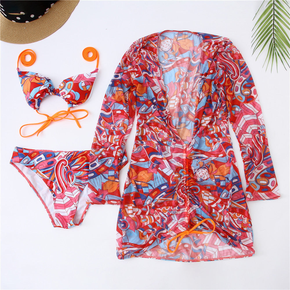 Women's Swinwear Halter Graphic Print Colorblock Mesh Three Piece Bikini Set