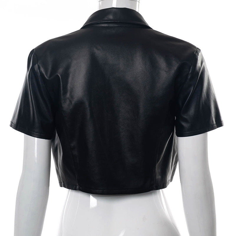 Y2k Fashion Pu Crop Tops Lapel Collar Button Solid Color Sexy Tops