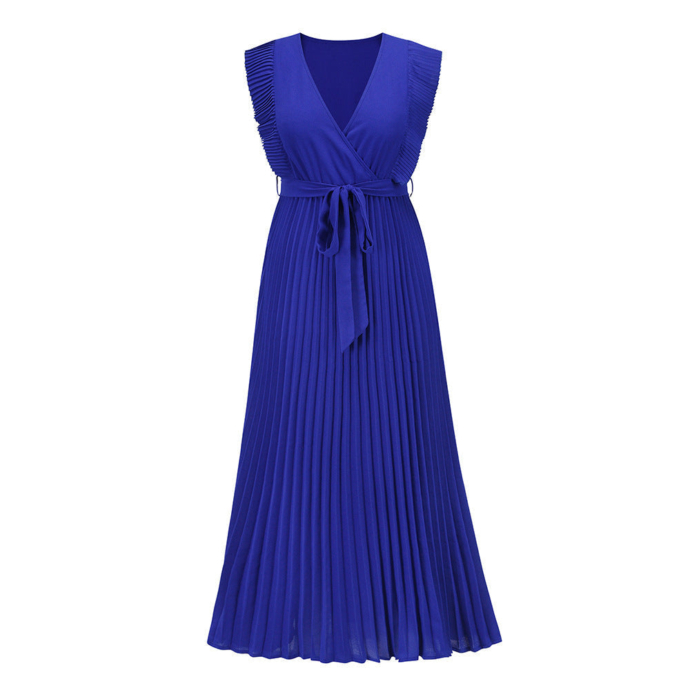 Women's Swing Dress V-Neck Ruffle Sleeve Pleated Solid Color Maxi Dress