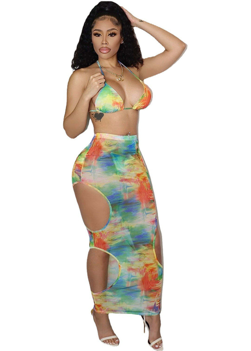 Women's Swimwear Halter Bandage Hollow Out Mesh Print Three-Piece Set Beachwear