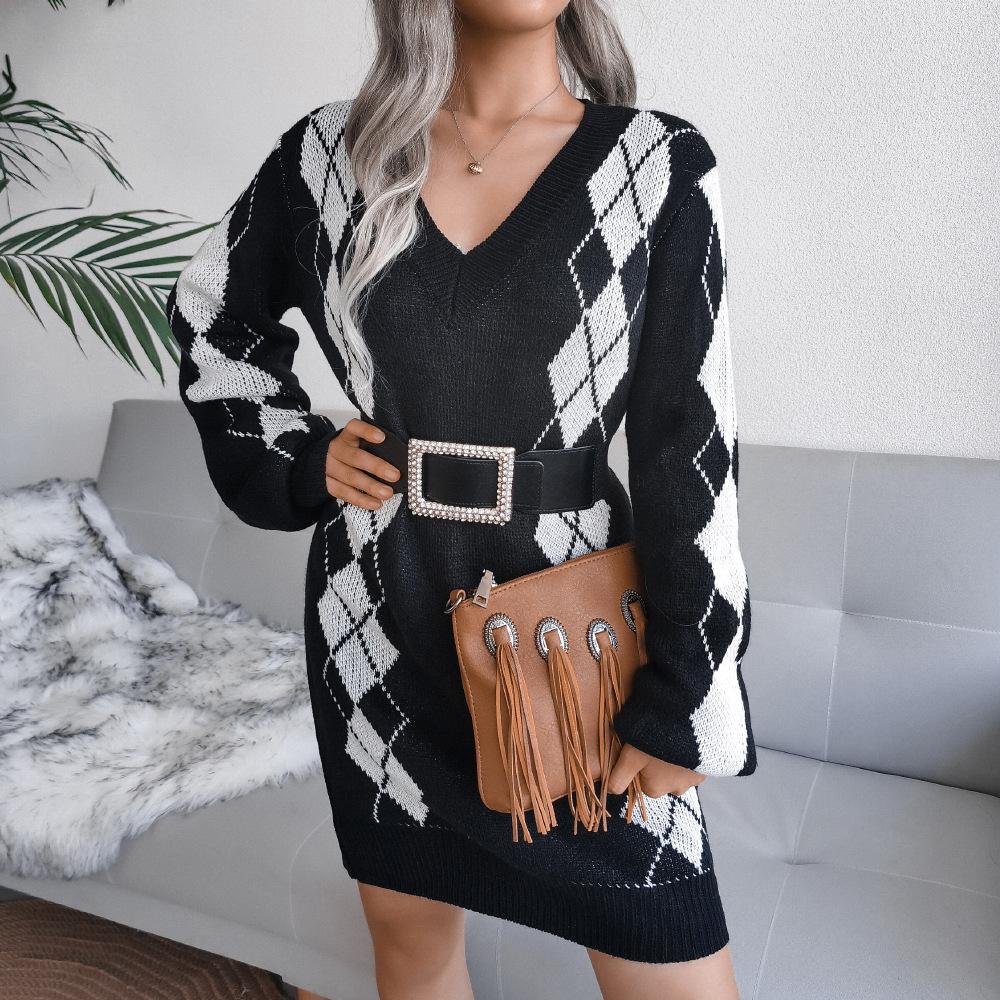 Women's Sweater Dress Plaid V-neck Knitted Long Sleeve Bodycon Dresses