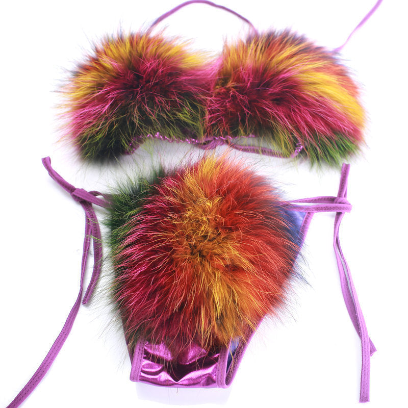 Women's Swimwear Fox Fur Halter Lace-up Bikini Split Bathing Suits