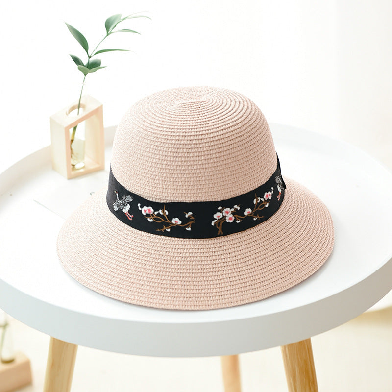 Women's Sun Hat Embroidered Pattern UV Protection Dome Straw Hat