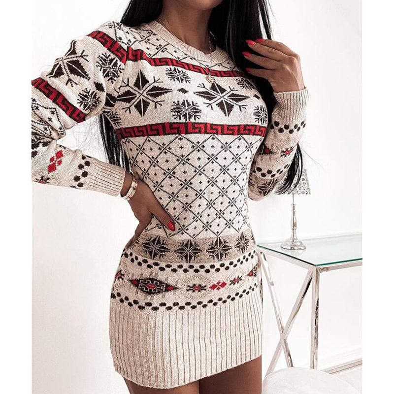 Women's Sweater Dresses Christmas Printed Long Sleeve Bodycon Knitted Sweater