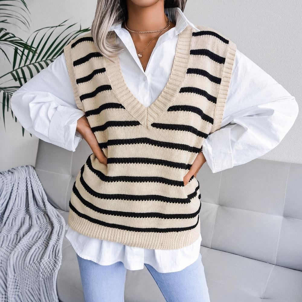 Women's Sweaters Deep V-neck Vintage Striped Pullover Casual Knitted Vest