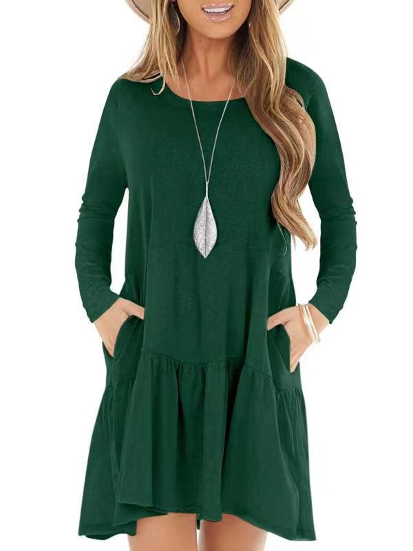 Women's Swing Dress With Pocket Long Sleeve O-Neck Irregular Hem Casual Dress