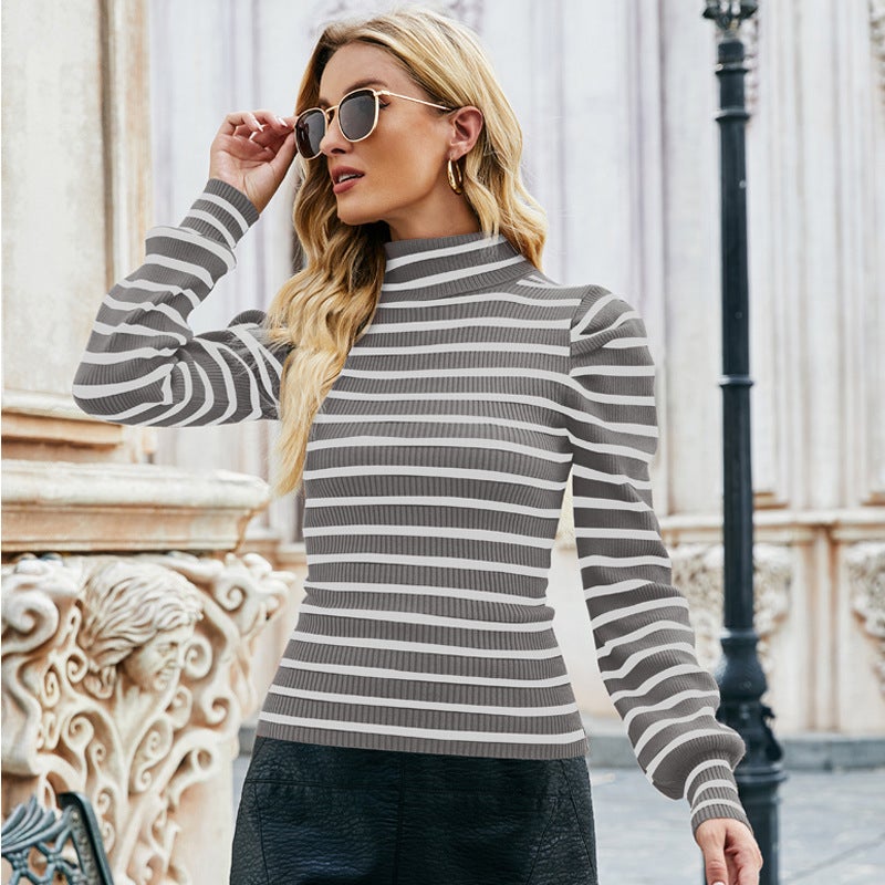 Women's Sweatshirts High Neck Puff Sleeve Knitted Striped Slim Tops