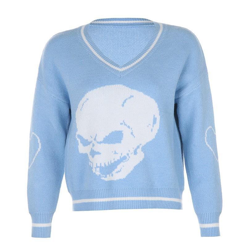 Women's Sweaters Skull Knit V Neck Casual Short Pullover Sweater