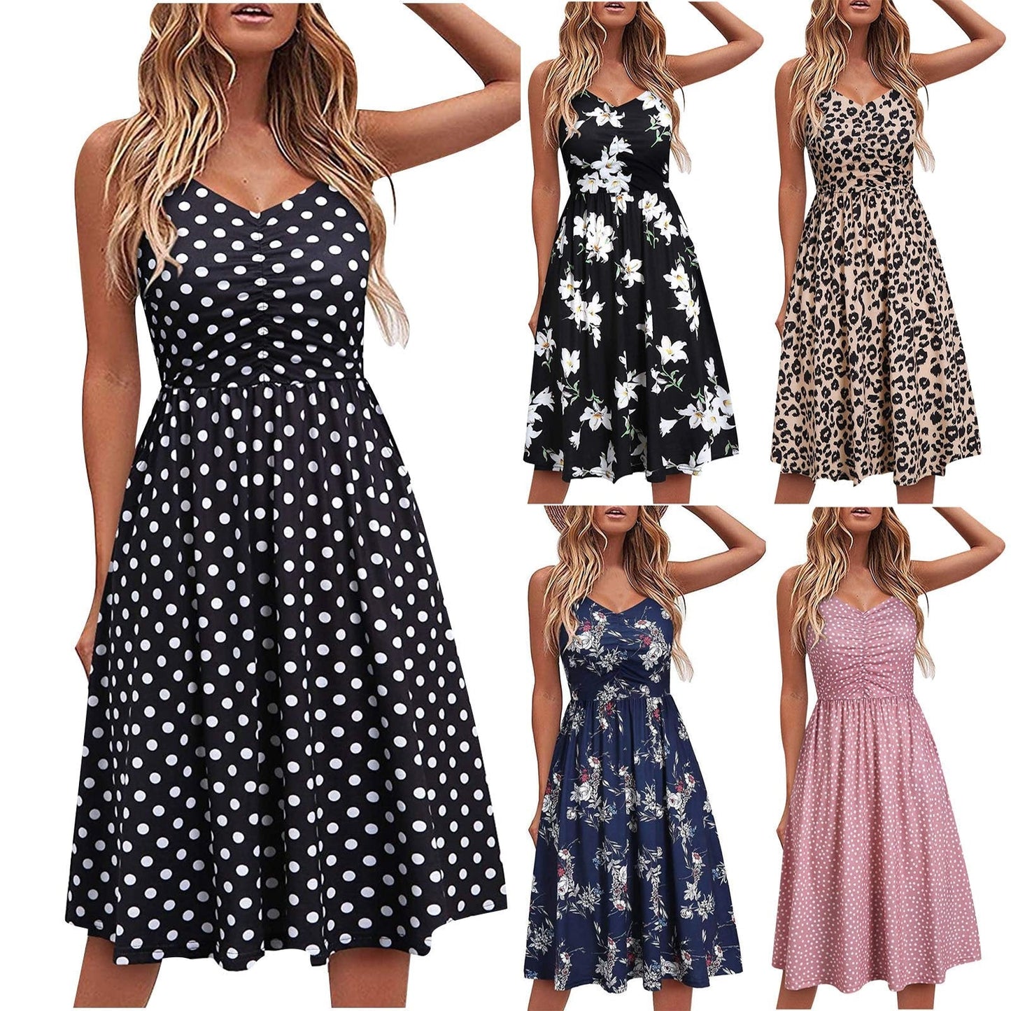 Women's Spaghetti Strap Dress Floral Pleated Tie Waist Backless Swing Dresses