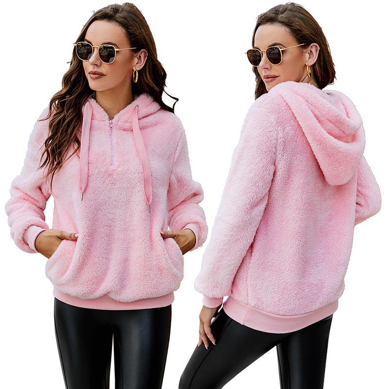 Women's Wool Coat Solid Color Zipper Pockets Hooded Teddy Bear Coat