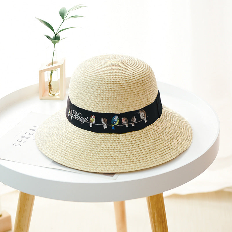 Women's Sun Hat Embroidered Pattern UV Protection Dome Straw Hat