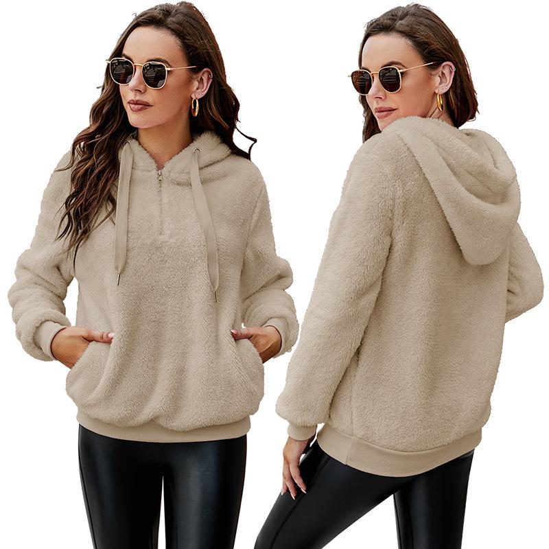 Women's Wool Coat Solid Color Zipper Pockets Hooded Teddy Bear Coat