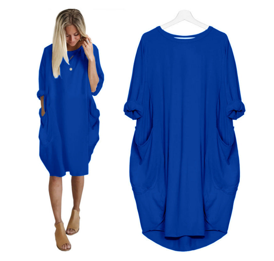 Women's Summer Dress Round Neck Pockets Midi Plus Size Dresses