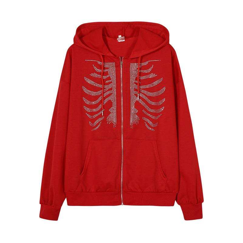 Y2k Oversized Jacket Coat Rhinestone Skeleton Print Zip Up Hoodie