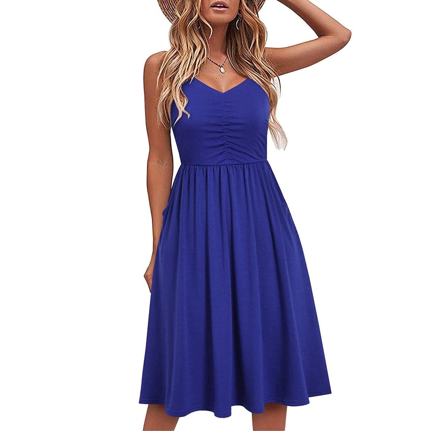 Women's Spaghetti Strap Dress Floral Pleated Tie Waist Backless Swing Dresses