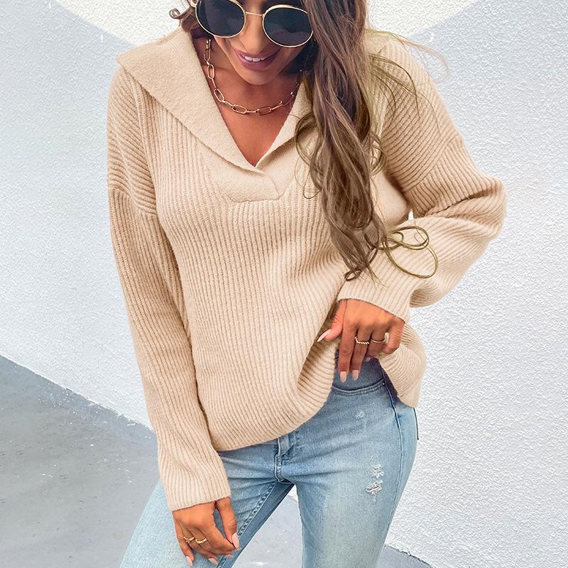 Women's Sweaters Suit Collar Long Sleeve Loose Pullover Knitted Sweater