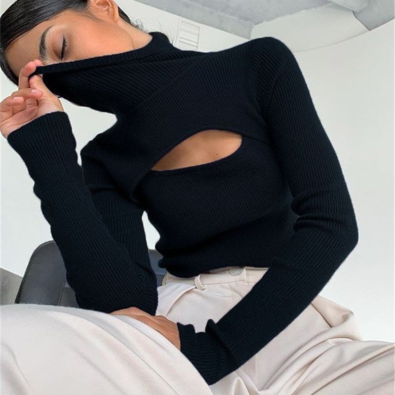 Women's Turtleneck Hollow Out Long Sleeve Knitted Cutout Tops