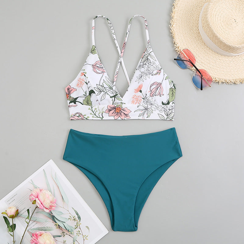 Women's Two Piece Set Swimwear Floral Printed Suspenders Bikini Swimsuit