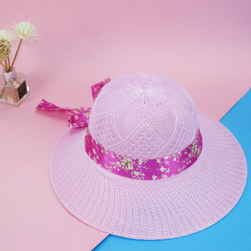 Women's Straw Hat Lace Flower Ribbon Large Brim UV Protection Sun Hat