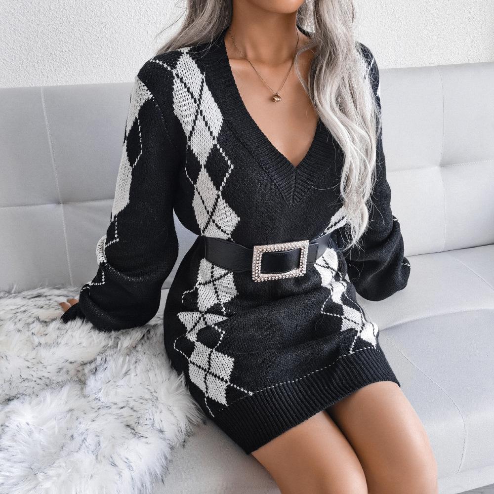 Women's Sweater Dress Plaid V-neck Knitted Long Sleeve Bodycon Dresses