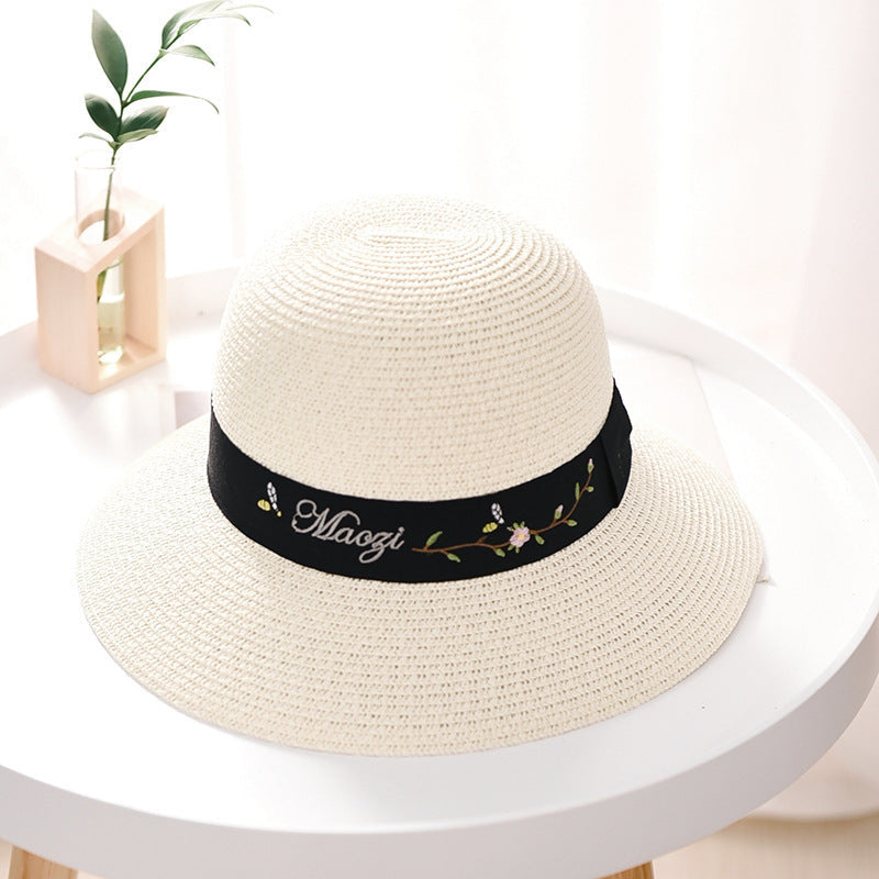 Women's Sun Hat Embroidered Pattern UV Protection Dome Straw Hat