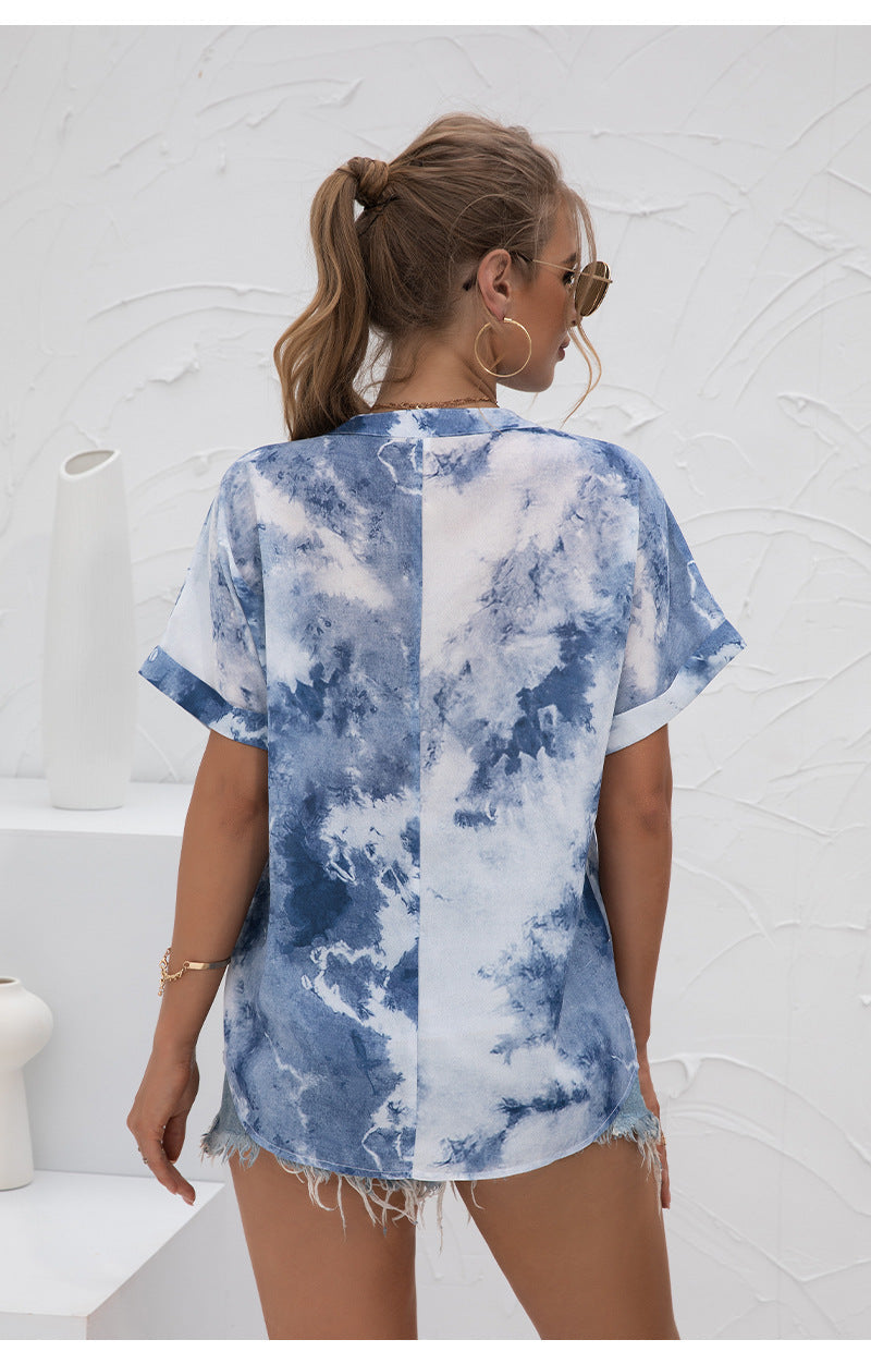 Women's T-shirt V-neck Tie-Dye Print Short Sleeves Casual Chiffon Tops