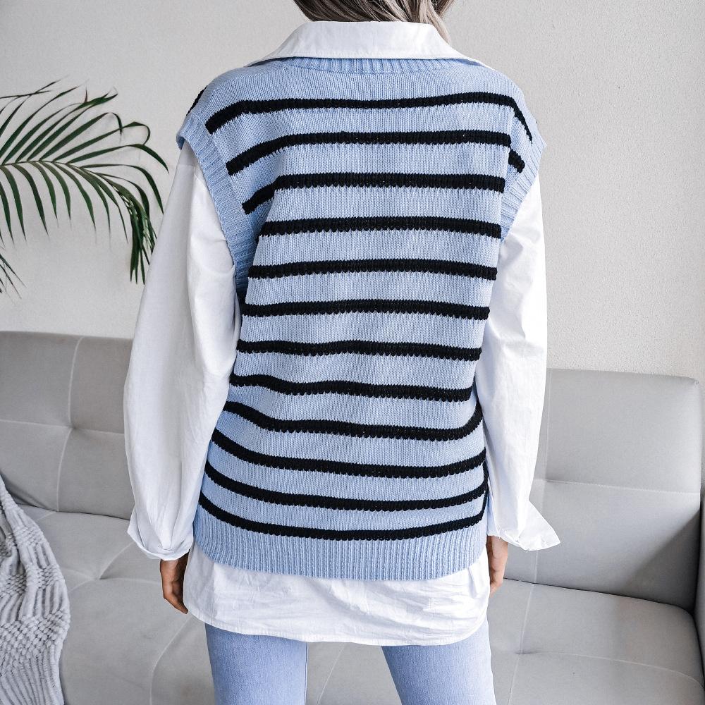 Women's Sweaters Deep V-neck Vintage Striped Pullover Casual Knitted Vest