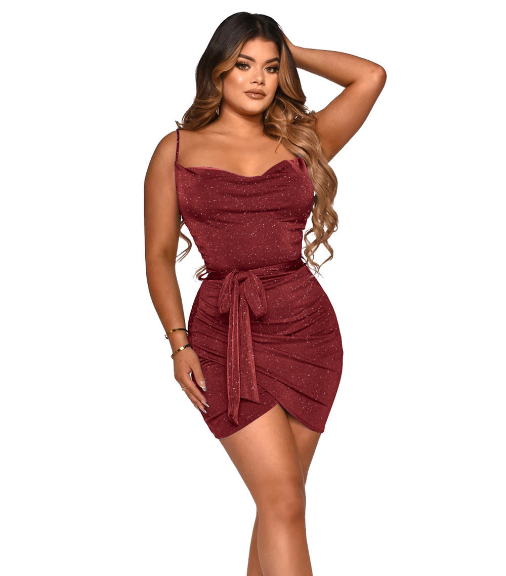 Women's Spaghetti Strap Dress Bowknot Belt Cross Hem Bodycon Dress