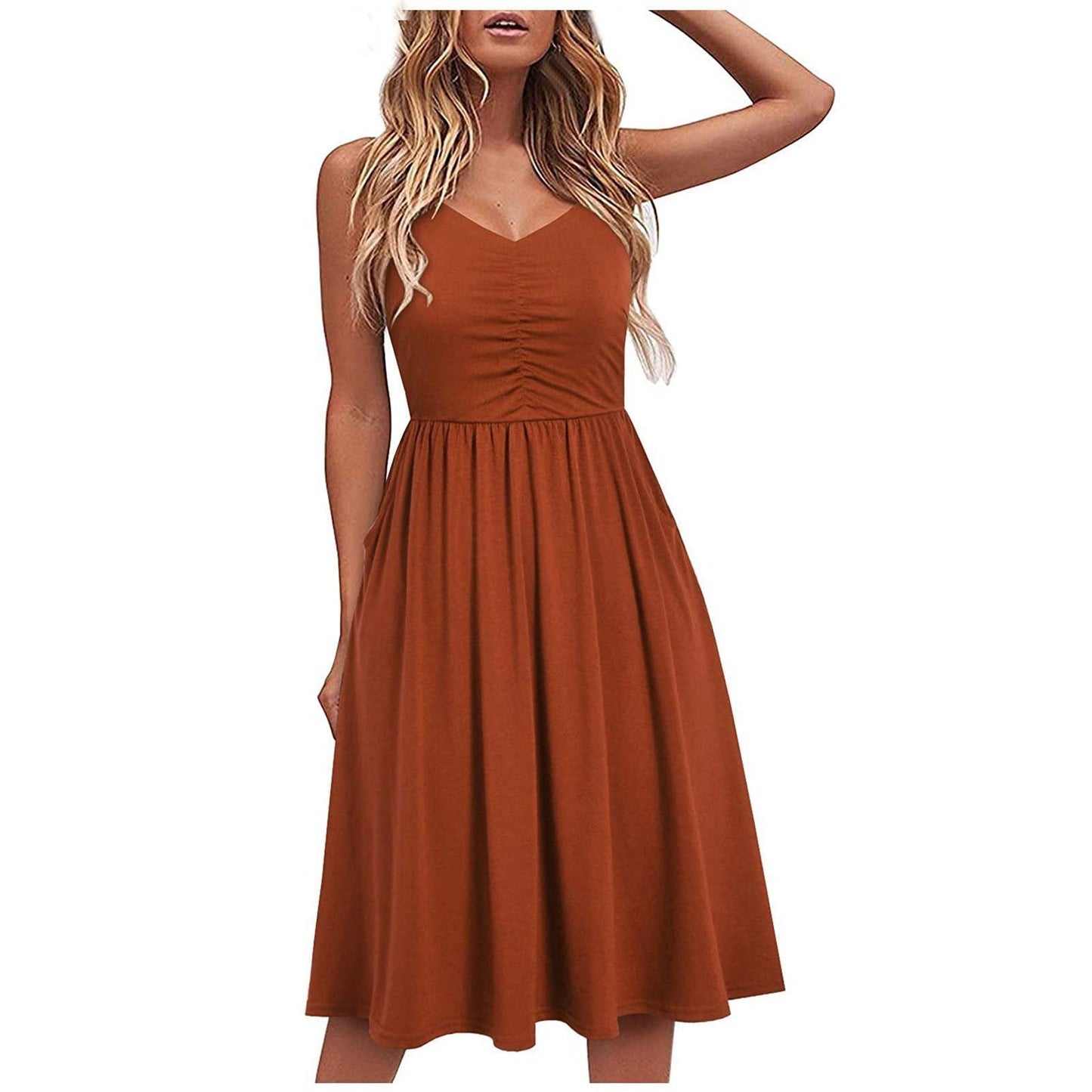 Women's Spaghetti Strap Dress Floral Pleated Tie Waist Backless Swing Dresses