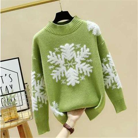 Women's Sweaters Loose Round Neck Long Sleeve Christmas Snowflake Sweaters