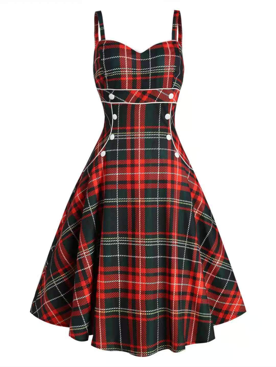 Women's Spaghetti Strap Dress Plaid Button Side Vintage Swing Dresses