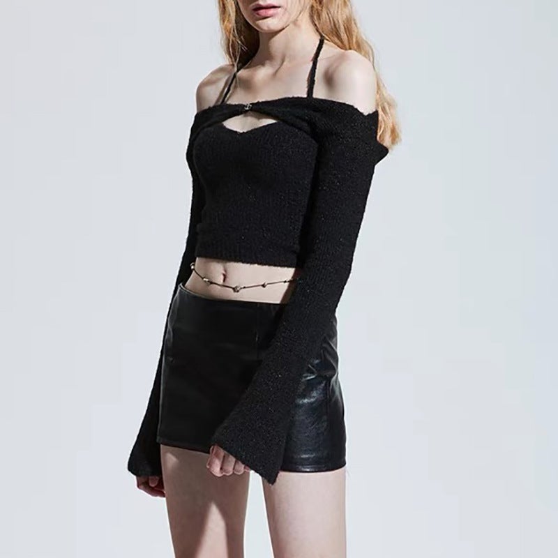 Y2k Two Piece Outfit Halter Neck Shirt Long Sleeve Knitted Top