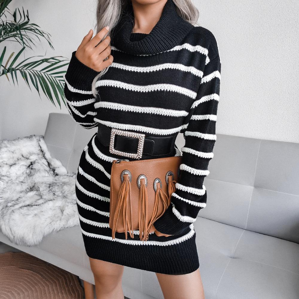 Women's Sweater Dress Casual High Neck Striped Knitted Sweater Dresses