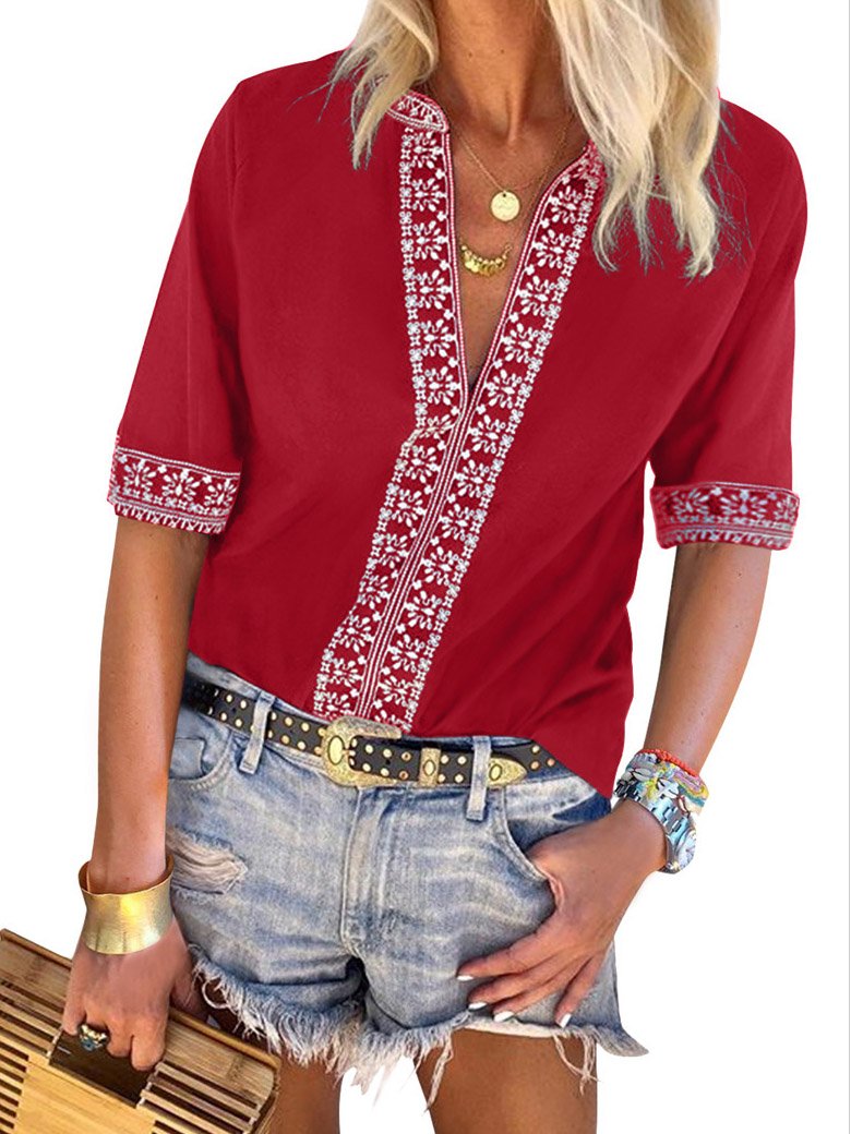 Womens Casual V Neck Shirt  Embroidered Print Blouse