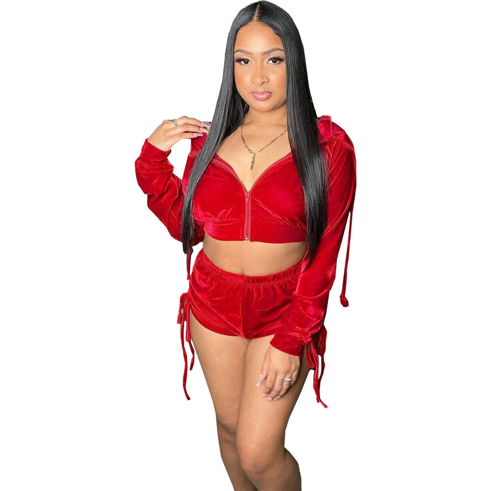 Women's Suit Hoodie Style Long Sleeve Drawstring Pleated Shorts Two-piece set