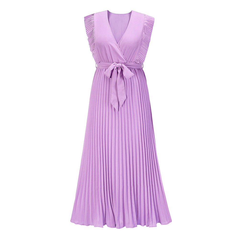 Women's Swing Dress V-Neck Ruffle Sleeve Pleated Solid Color Maxi Dress