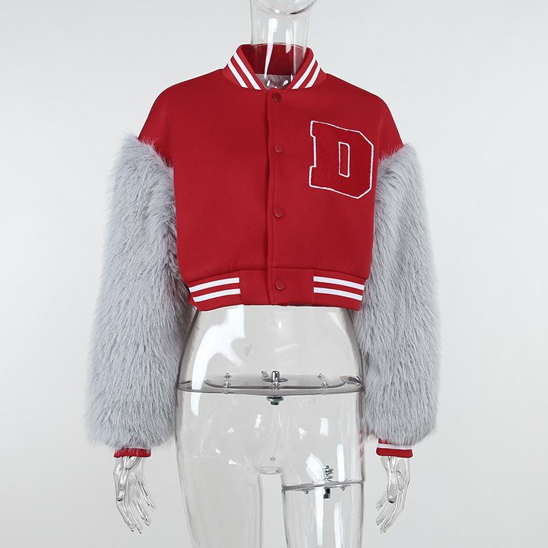 Y2k Fashion Baseball Jacket Fur Patchwork Letterman Jacket Coat