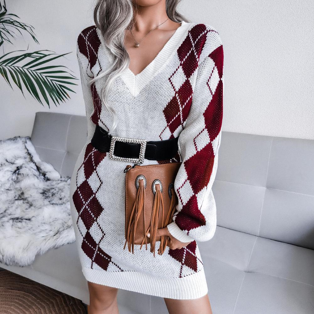 Women's Sweater Dress Plaid V-neck Knitted Long Sleeve Bodycon Dresses