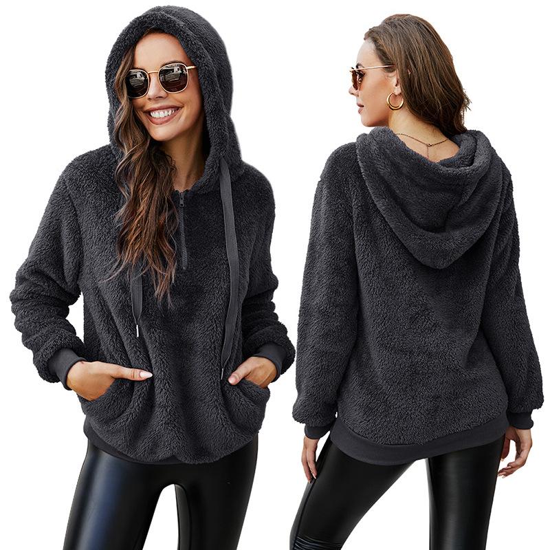 Women's Wool Coat Solid Color Zipper Pockets Hooded Teddy Bear Coat