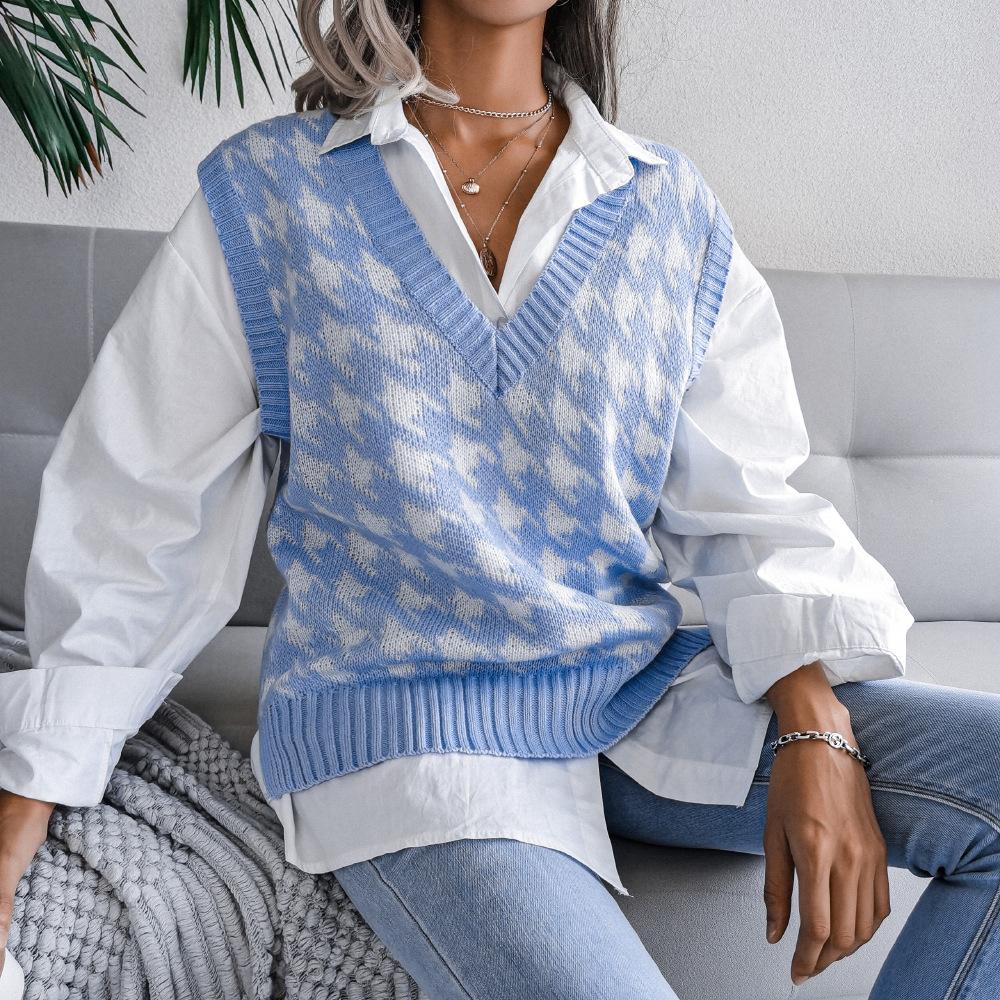 Women's Sweater Vest V-neck Houndstooth Casual Loose Pullover Knit Tops