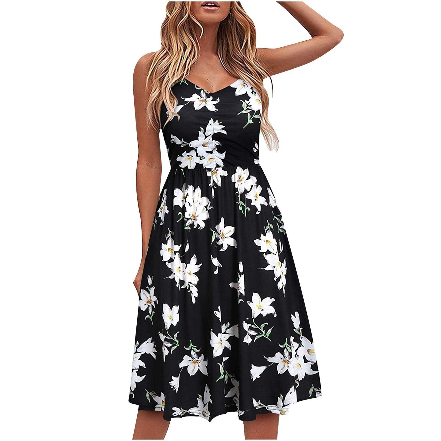 Women's Spaghetti Strap Dress Floral Pleated Tie Waist Backless Swing Dresses