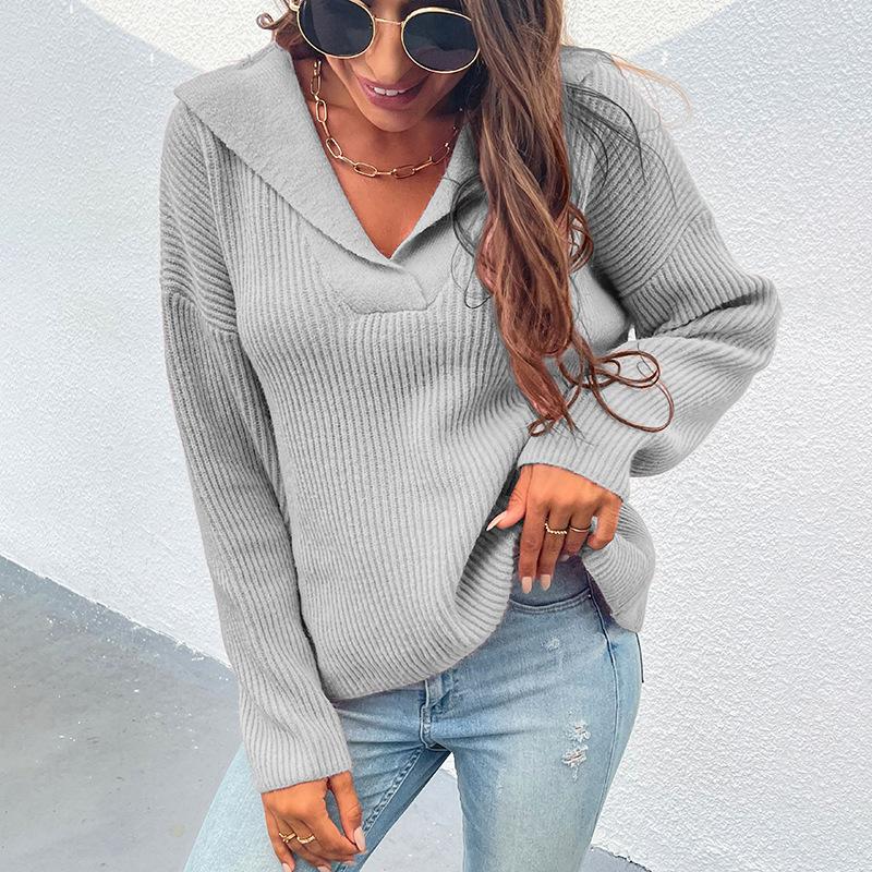 Women's Sweaters Suit Collar Long Sleeve Loose Pullover Knitted Sweater