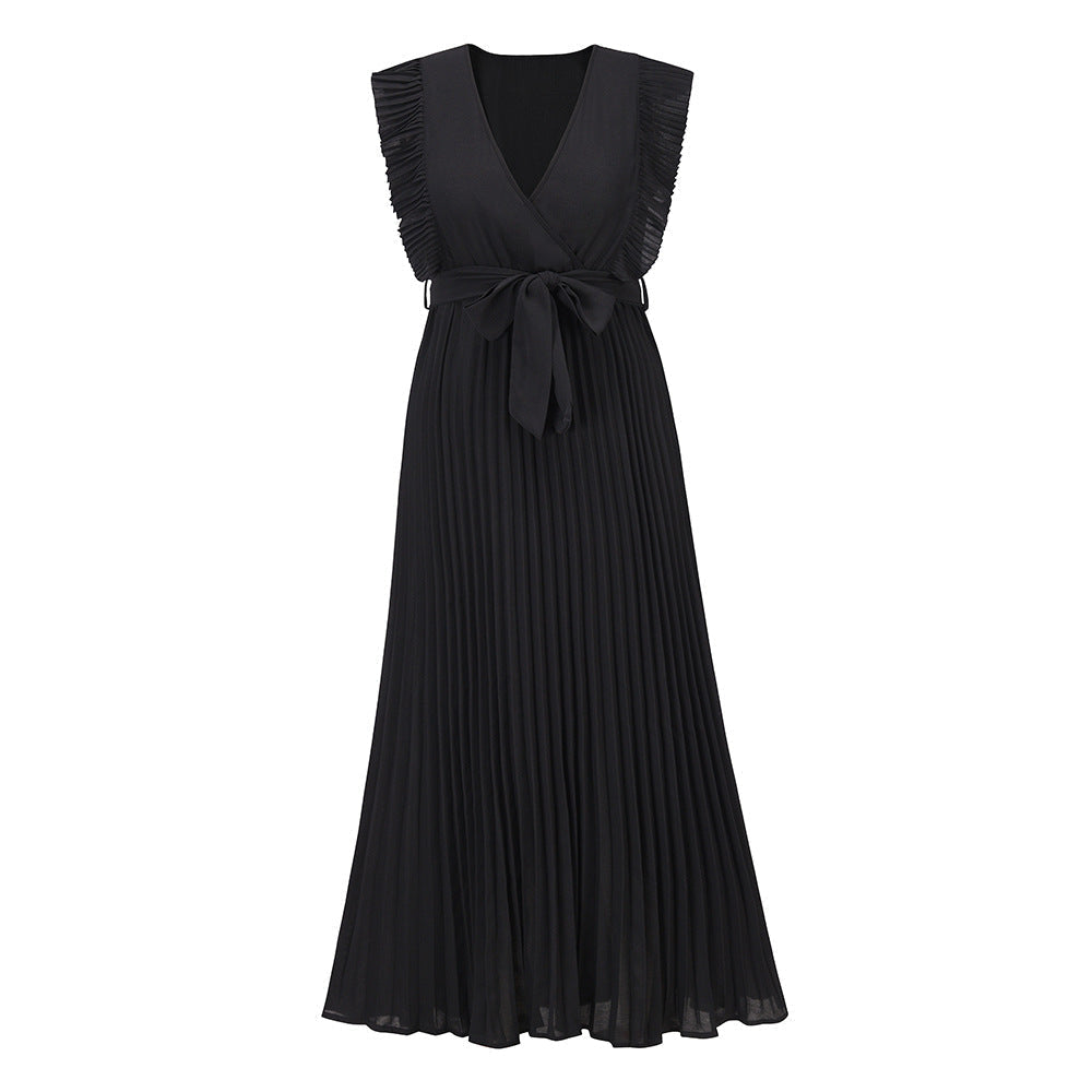 Women's Swing Dress V-Neck Ruffle Sleeve Pleated Solid Color Maxi Dress