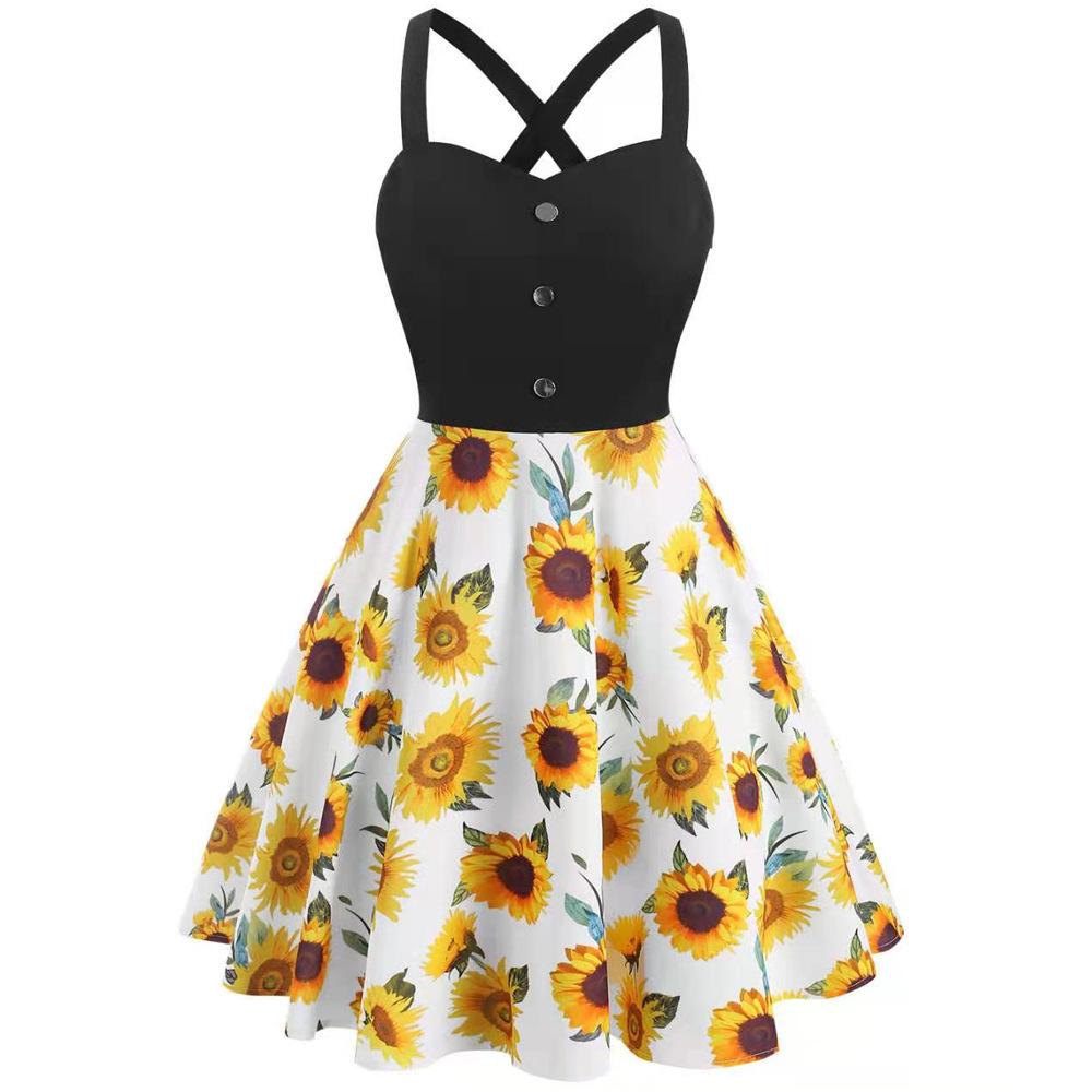 Women's Vintage Dress Sunflower Butterfly Backless Criss Cross Button Swing Dresses