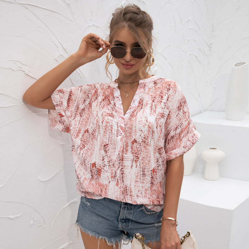 Women's T-shirt V-neck Tie-Dye Print Short Sleeves Casual Chiffon Tops