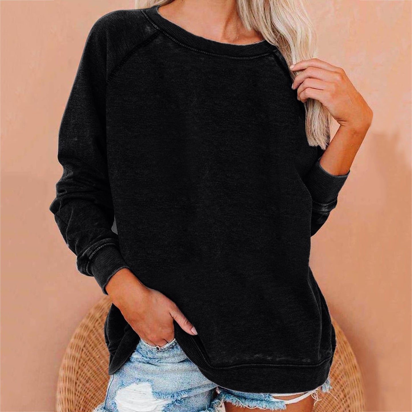 Women's Top Solid Color Raglan Sleeves Crew Neck Pullover Hoodie