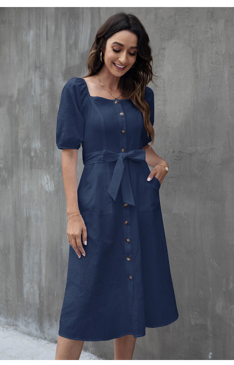 Women's Swing Dress Balloon Sleeves Square Neck Single Breasted Casual Midi Dress