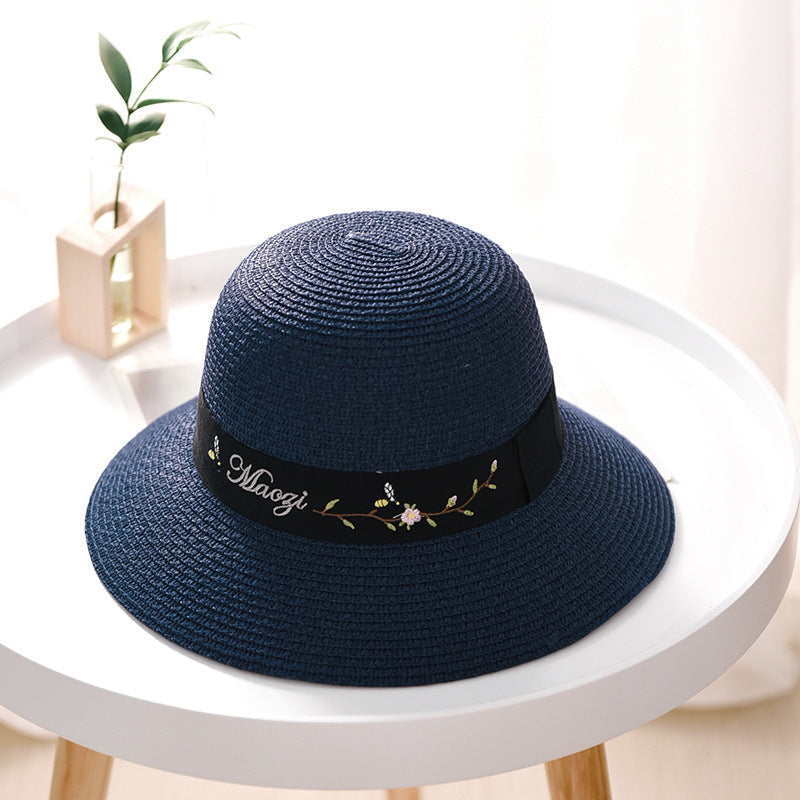 Women's Sun Hat Embroidered Pattern UV Protection Dome Straw Hat