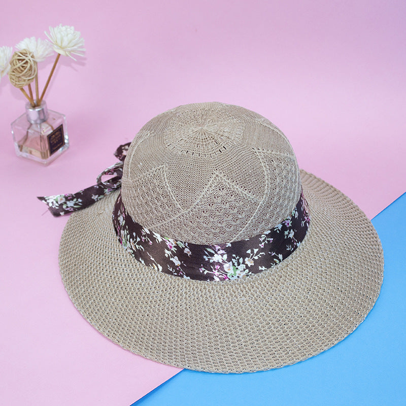 Women's Straw Hat Lace Flower Ribbon Large Brim UV Protection Sun Hat